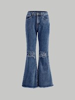 SHEIN MOD Jeans bajo crudo desgarro de pierna amplia - 26, Azul lavado oscuro